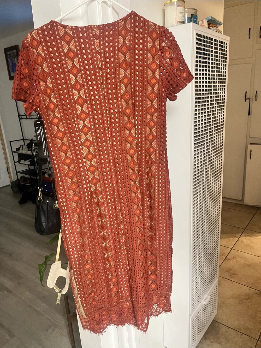 Goldie Rust Orange Lace-Overlay Short Sleeve Shift Dress